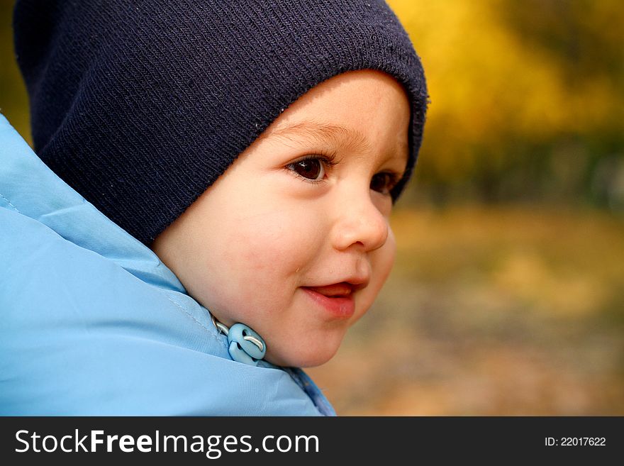 Little smiling boy in autumn park. Little smiling boy in autumn park
