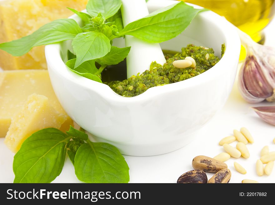 Fresh Italian Pesto and its ingredients / cooking