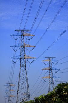 Power Line On Steel Tower Against Blue Sky Royalty Free Stock Photo