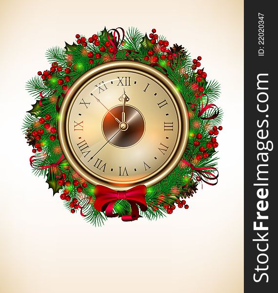Bright vector Christmas background with clock and christmas wreath