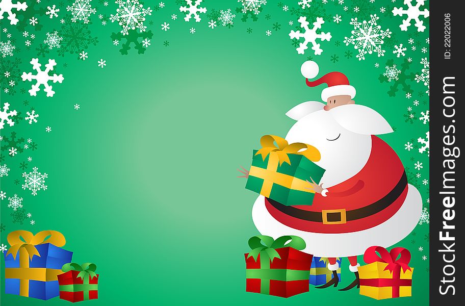 Jolly Father Christmas with presents on a festive green background. Jolly Father Christmas with presents on a festive green background.