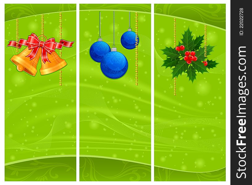 Christmas decoration with fir trees, bells, balls and berries on green, vector illustration