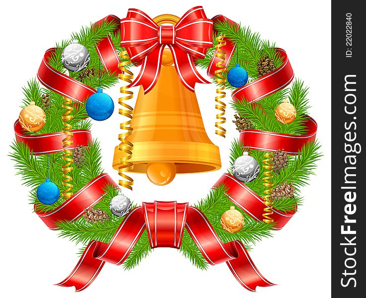 Christmas wreath of fir branch, ball and bell, vector illustration. Christmas wreath of fir branch, ball and bell, vector illustration