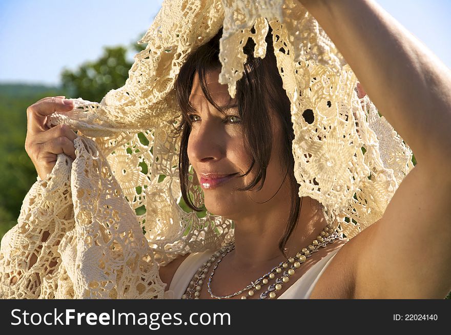 Beautiful Middle Aged Bride And golden evening sunlight. Beautiful Middle Aged Bride And golden evening sunlight.