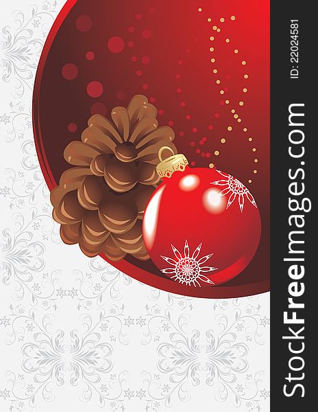 Red Christmas ball and pinecone on the decorative background. Illustration