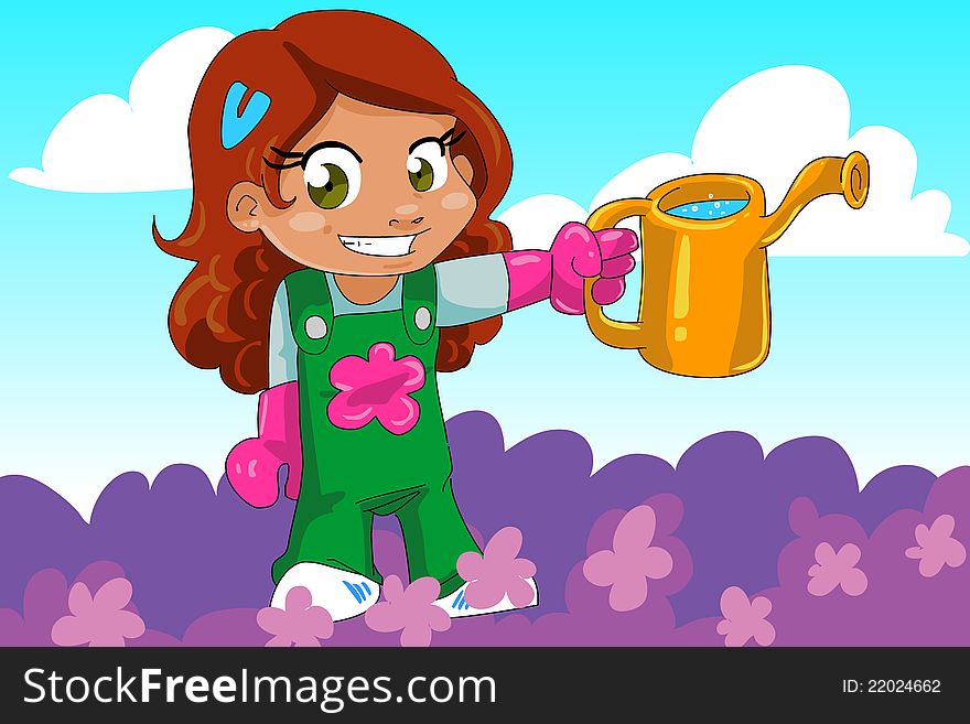 Cartoon girl that loves gardening. Cartoon girl that loves gardening