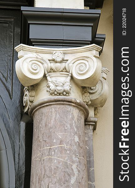 Interesting ancient building column fragment. Old construction industry detail.