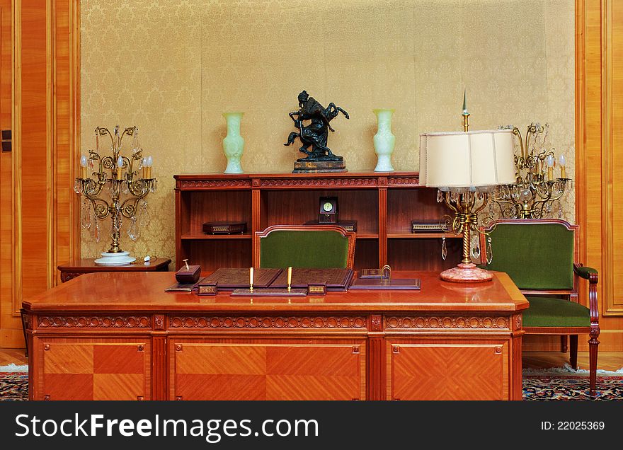 Old-style office with chandeliers and Japanese embroidery. Old-style office with chandeliers and Japanese embroidery