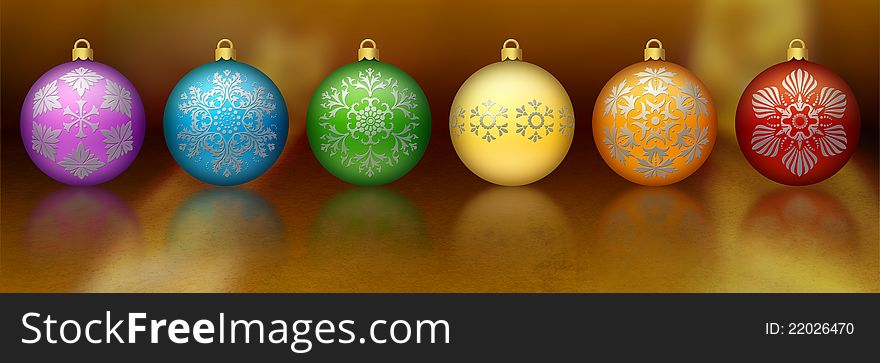 Six Christmas ornaments in the colors of the rainbow, sitting on a reflective gold surface. Six Christmas ornaments in the colors of the rainbow, sitting on a reflective gold surface