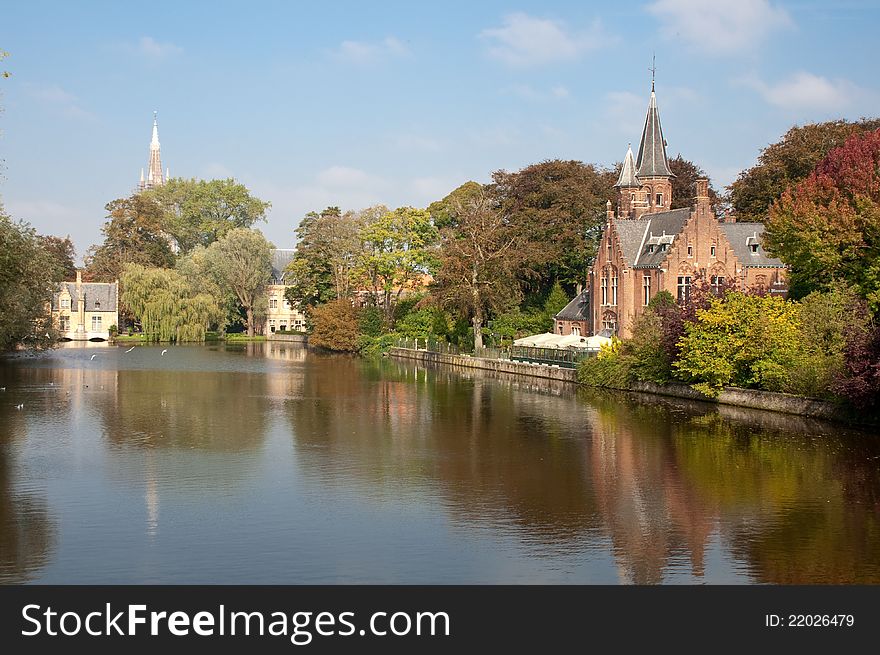 Panoramic view of Kasteel Minnewaterpark and Love Lake at Brugge - Belgium