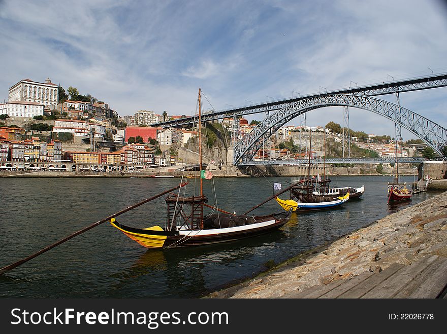 View of Porto wine boat and Dom Luis bridge (Porgugal). View of Porto wine boat and Dom Luis bridge (Porgugal)