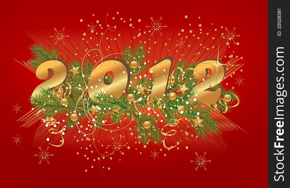 2012 new year background on red with golden figures, stars, balls and garlands, vector format. 2012 new year background on red with golden figures, stars, balls and garlands, vector format