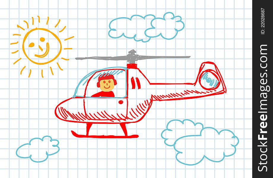 Drawing of red helicopter on white paper. Drawing of red helicopter on white paper