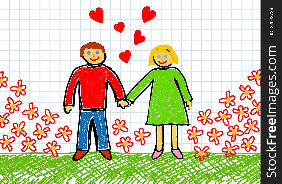Drawing of man and woman in garden