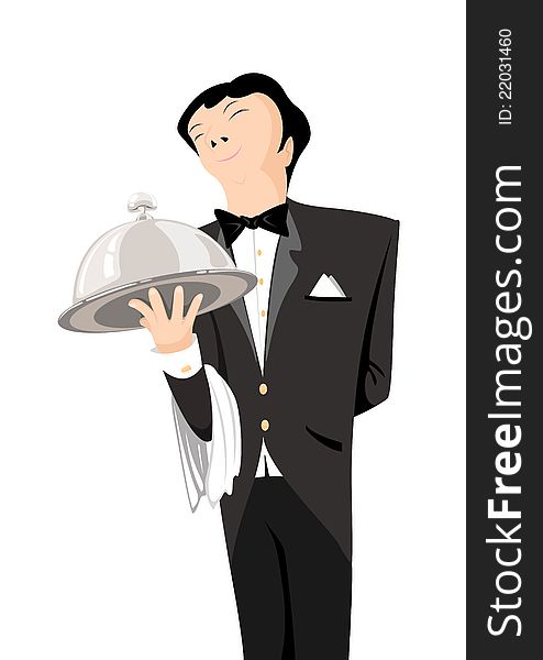 The waiter holds a tray with a lid. Illustration. The waiter holds a tray with a lid. Illustration