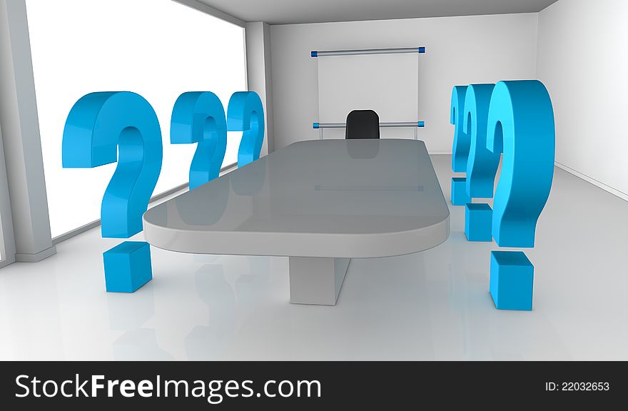 One office room with question marks, concept of new or unknown collaborators (3d render). One office room with question marks, concept of new or unknown collaborators (3d render)