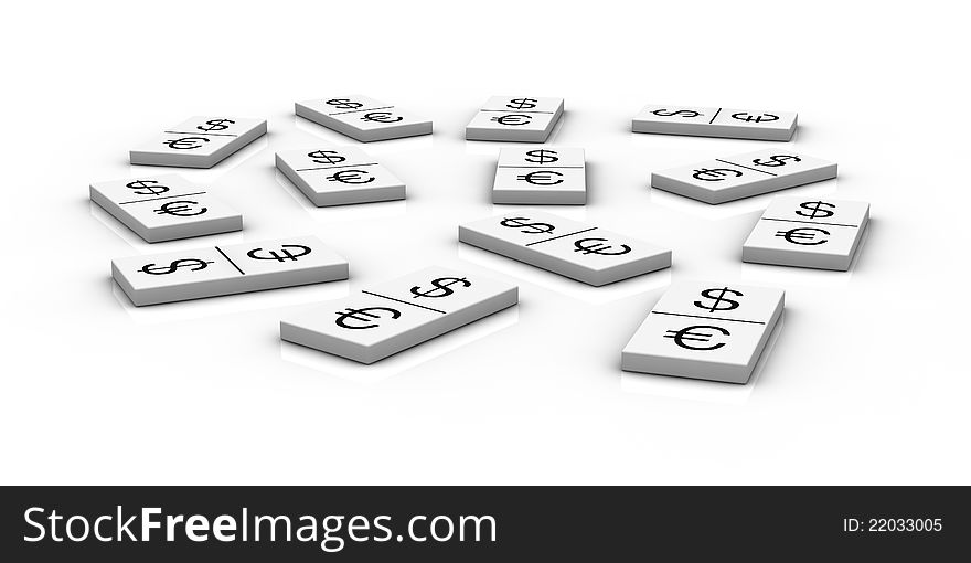 Domino pieces with currencies symbols instead of numbers (3d render). Domino pieces with currencies symbols instead of numbers (3d render)