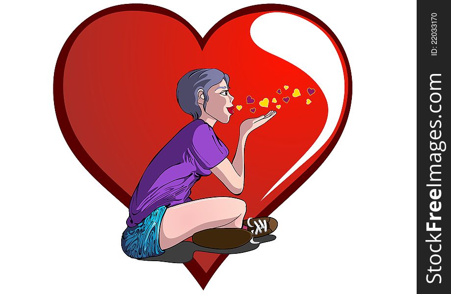 Lateral view of a girl blowing a kiss, with a heart on the background