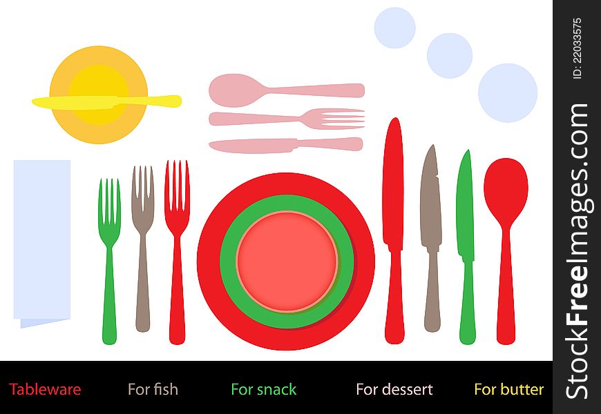 A formal place setting, as one might expect at a smart restaurant or dinner party.Simple forms, silhouettes. Table layout rules.