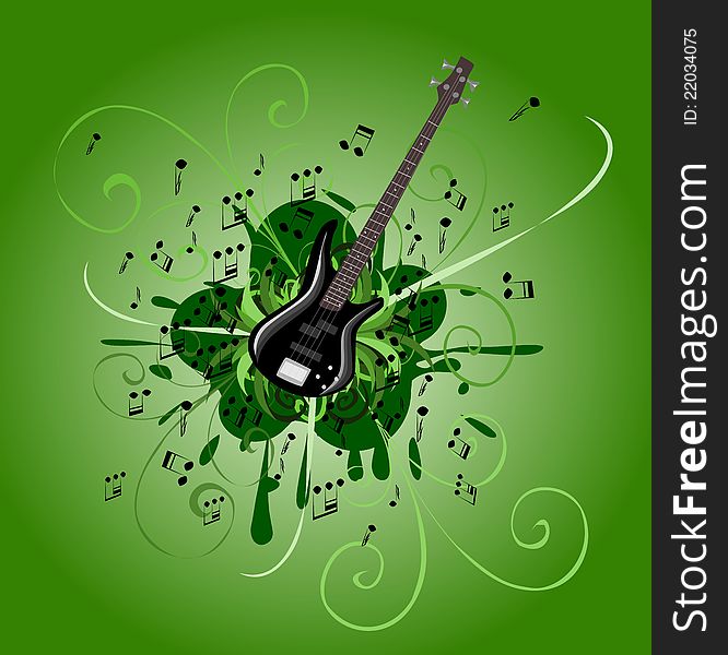 Abstract bass guitar with floral ornaments, notes and green background
