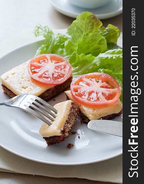 Grilled rye bread with cheese, tomatoes and salad leaves on white plate