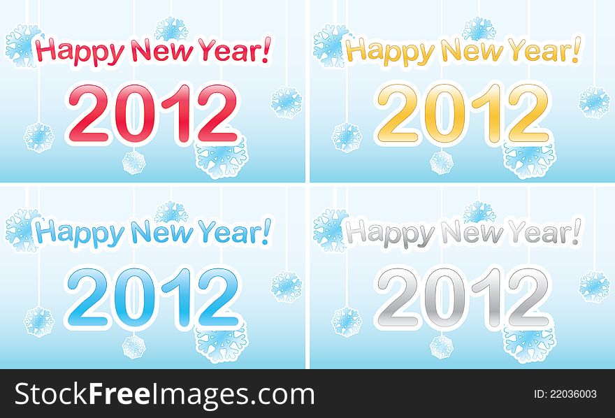 Vector Happy New Year 2012 text in glossy letters on snowflake background.
