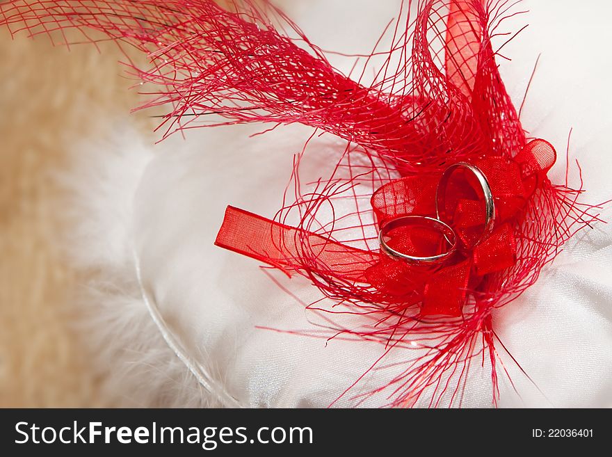 Cushion with wedding gold rings in red feathers. Cushion with wedding gold rings in red feathers