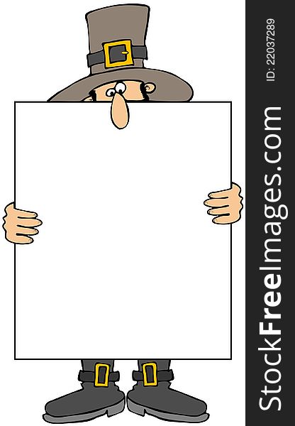 This illustration depicts a Pilgrim man holding a large blank sign. This illustration depicts a Pilgrim man holding a large blank sign.