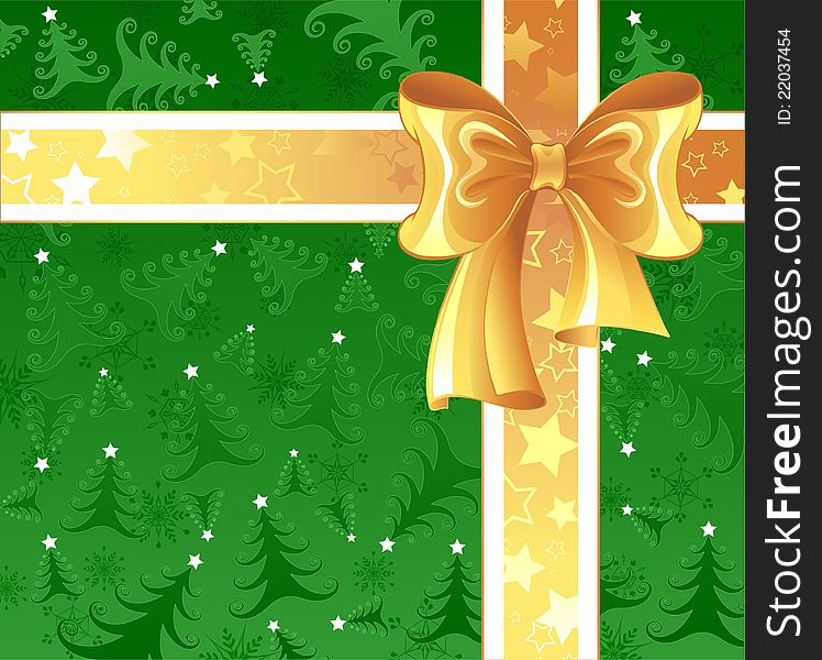 Yellow silk ribbon with a white ribbon on a green Christmas background, decorated with Christmas trees and snowflakes. Yellow silk ribbon with a white ribbon on a green Christmas background, decorated with Christmas trees and snowflakes.