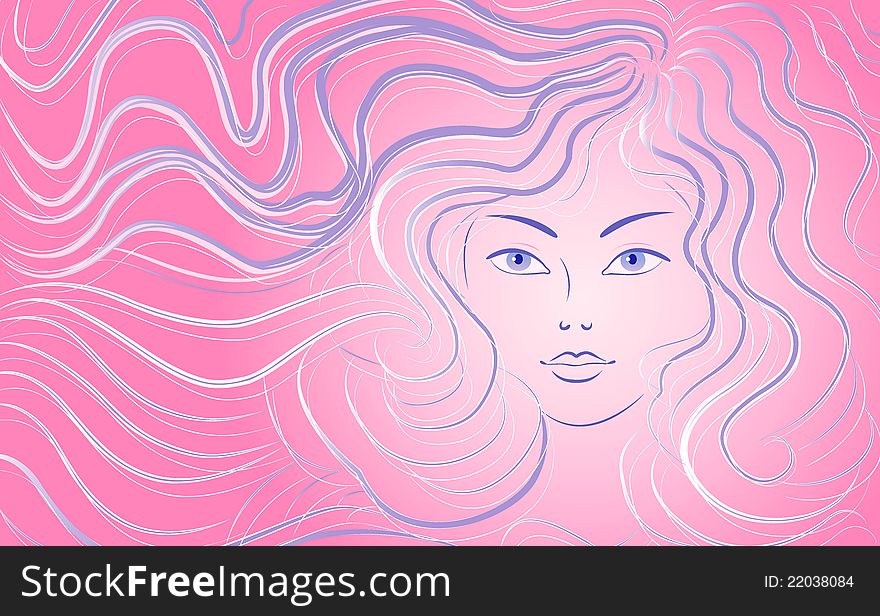 Woman with long hair, pink flowing lines, on a white background. Vector illustration