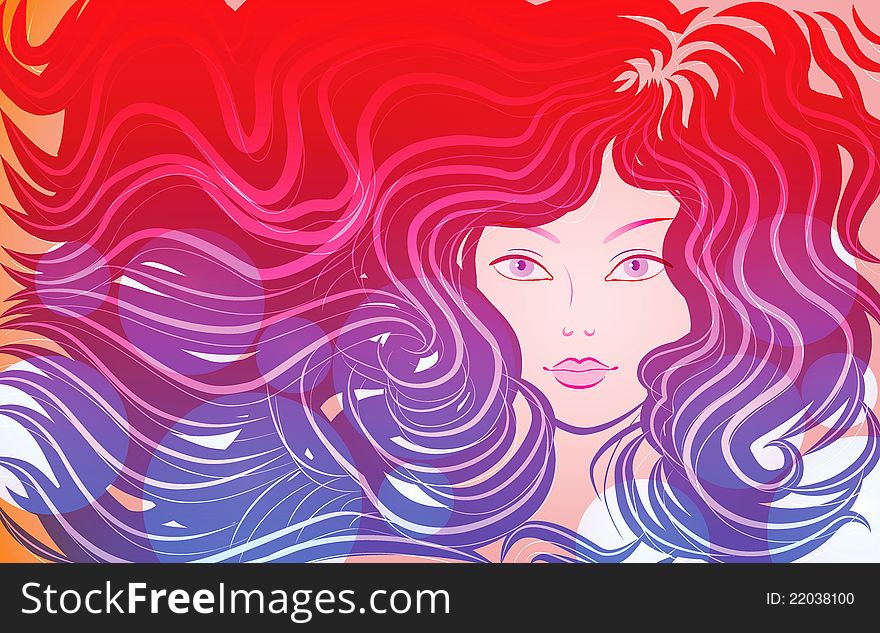 Woman with long hair, pink flowing lines, on a red background. Vector illustration. Woman with long hair, pink flowing lines, on a red background. Vector illustration