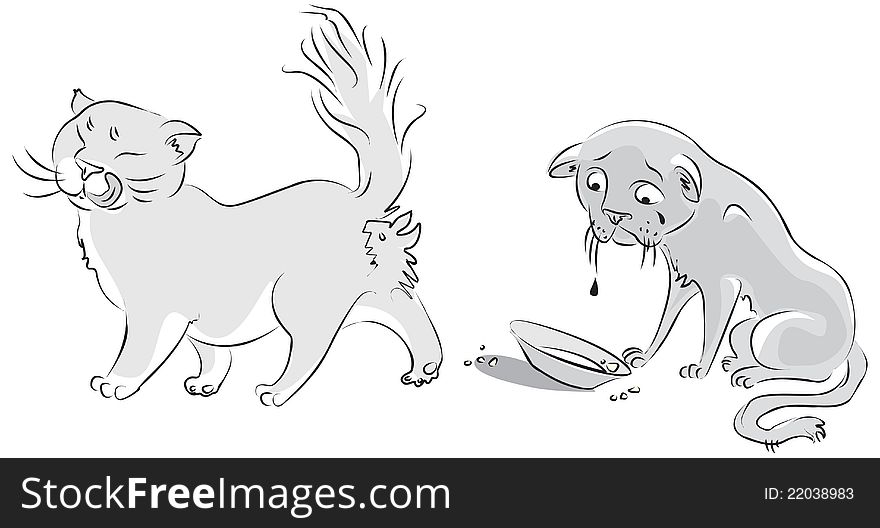 Sad cat looks at the empty plate, fat cat licked, on a white background. Vector illustration. Sad cat looks at the empty plate, fat cat licked, on a white background. Vector illustration