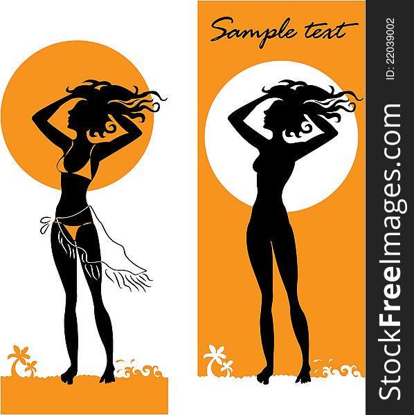 Tanned girl standing on the beach, with her hair, against the setting sun, vector illustration. Tanned girl standing on the beach, with her hair, against the setting sun, vector illustration