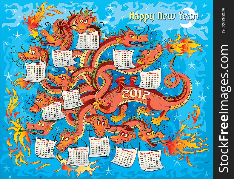 Dragon with twelve heads, year dragon, calendar 2012, vector illustration