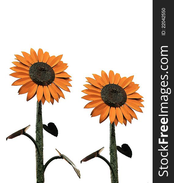 Two metal sunflowers over white