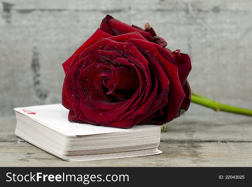 Long stem red rose on a pile of playing cards.  Wood board background. Long stem red rose on a pile of playing cards.  Wood board background