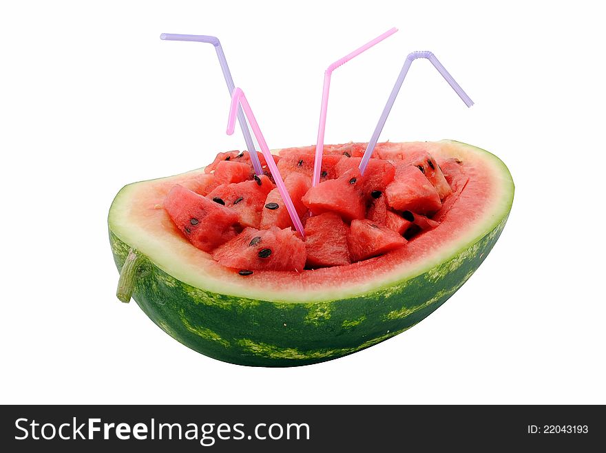 Water melon with straws isolated on white background