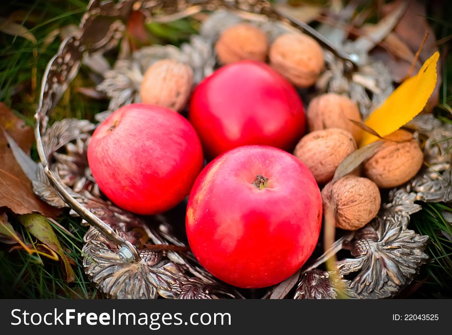 nuts and red apples in the cupronickel basket on the ground. nuts and red apples in the cupronickel basket on the ground