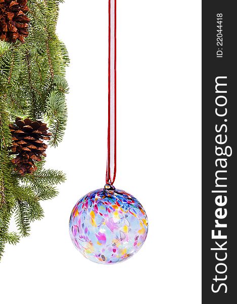 Hand crafted glass Christmas ball with spruce tree. Hand crafted glass Christmas ball with spruce tree