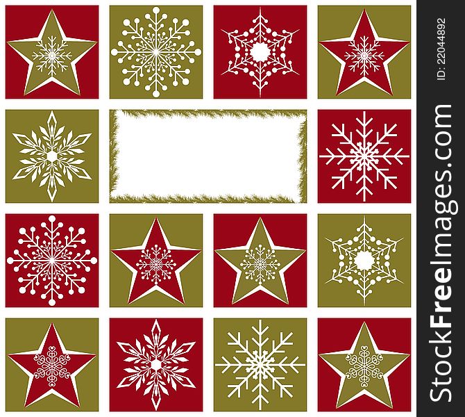 Christmas greeting card with snowflakes and star on red green background