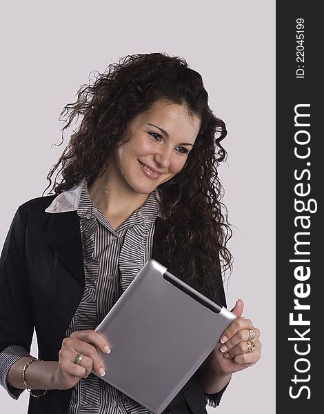 Woman and tablet pc in studio with white background