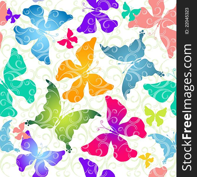 Seamless pattern of colorful butterflies against the background of scrollwork. Seamless pattern of colorful butterflies against the background of scrollwork