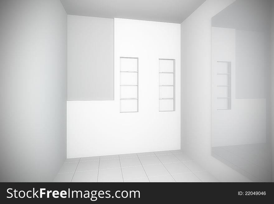 Empty bathroom interior with tile floor.