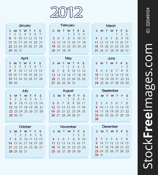2012 Calendar (first day of week beginning on Sunday). 2012 Calendar (first day of week beginning on Sunday)