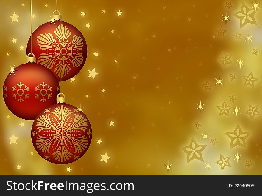 Gold patterned red christmas ornaments against gold background. Gold patterned red christmas ornaments against gold background