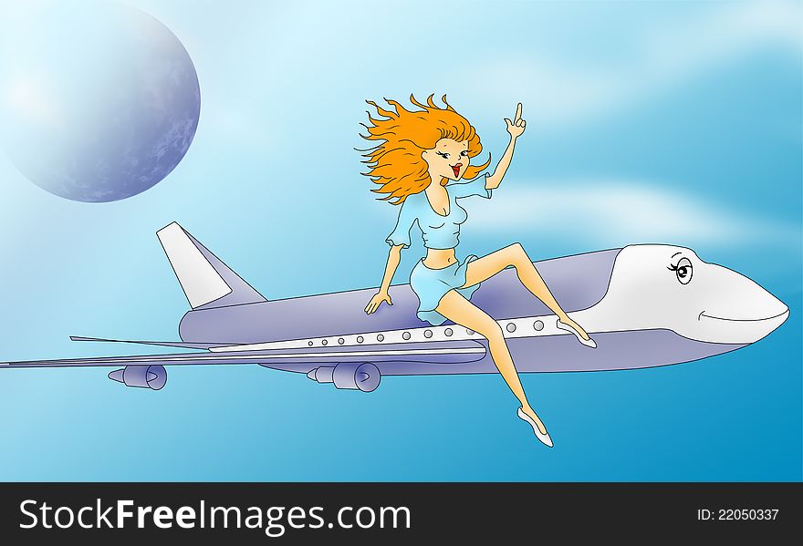 Sweet aircraft with wife, cartoon
