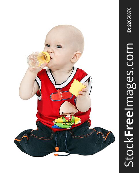 Little boy with a pacifier, bottle isolated on white background