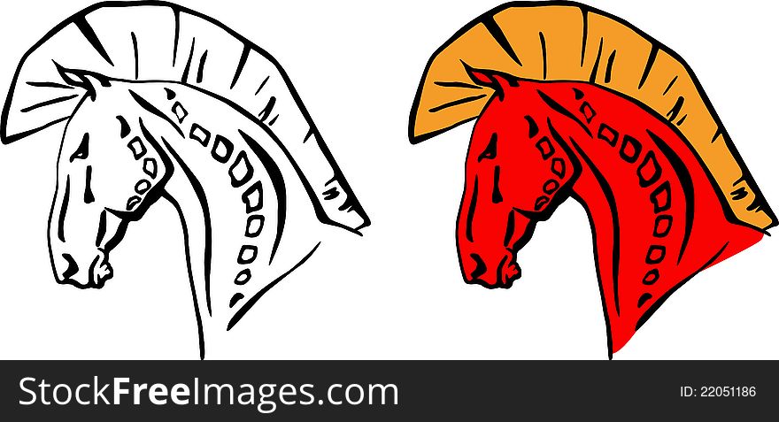 Stylized drawing of horse head with patterns on it's head andd neck