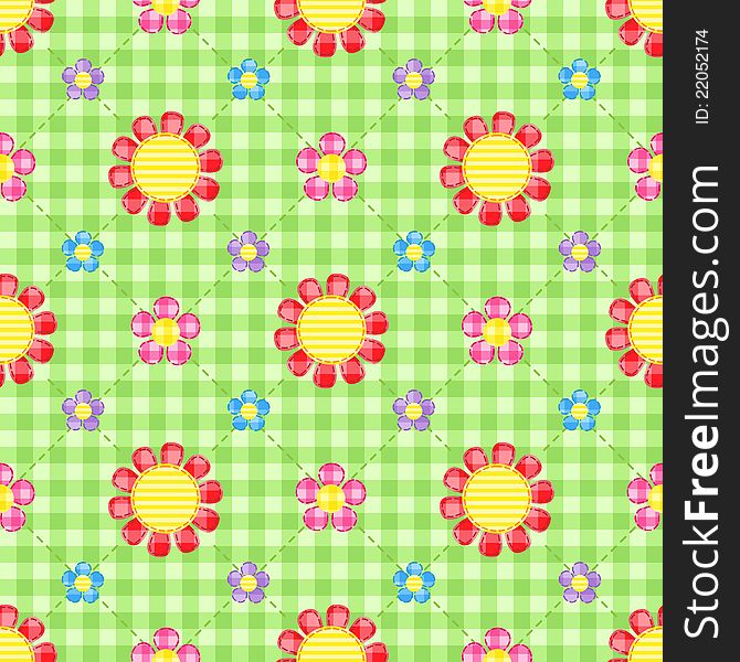 Stitch flowers on green gingham background. Seamless pattern. Stitch flowers on green gingham background. Seamless pattern.