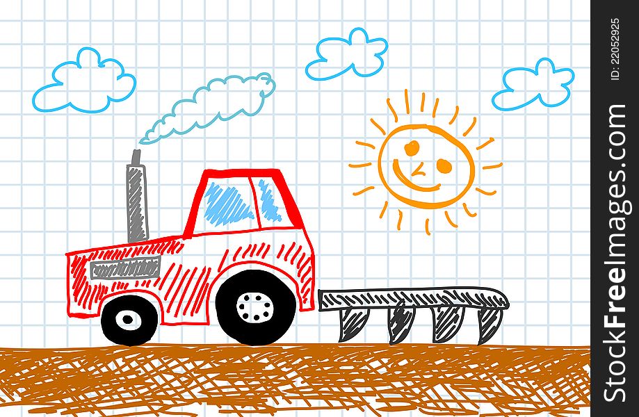 Drawing of red tractor on field. Drawing of red tractor on field
